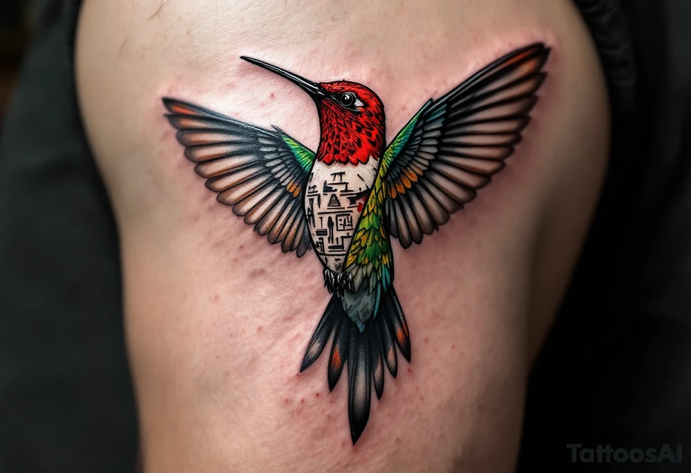 A hummingbird with one side appearing normal and the other side carved in Egyptian stone (red and black only) tattoo idea