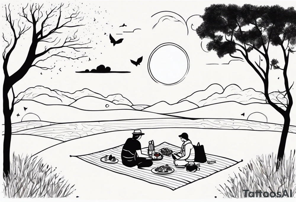 minimalstic picnic scene in nature on a blanket, with tennants in one tree and sun in the sky tattoo idea
