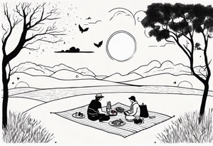 minimalstic picnic scene in nature on a blanket, with tennants in one tree and sun in the sky tattoo idea