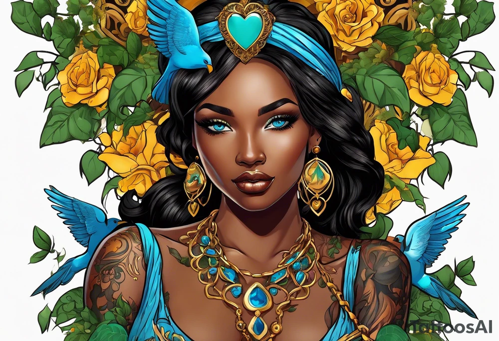 Black skin Aphrodite with auburn hair and ocean-blue eyes with a golden heart necklace surrounded with doves and poison ivy tattoo idea