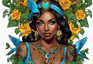 Black skin Aphrodite with auburn hair and ocean-blue eyes with a golden heart necklace surrounded with doves and poison ivy tattoo idea