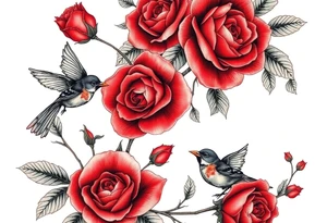 Vintage lace, red roses, red birds, vintage tattoo idea