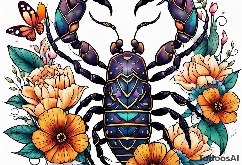 Large scorpion with flowers and butterflies tattoo idea