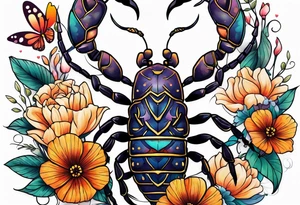 Large scorpion with flowers and butterflies tattoo idea