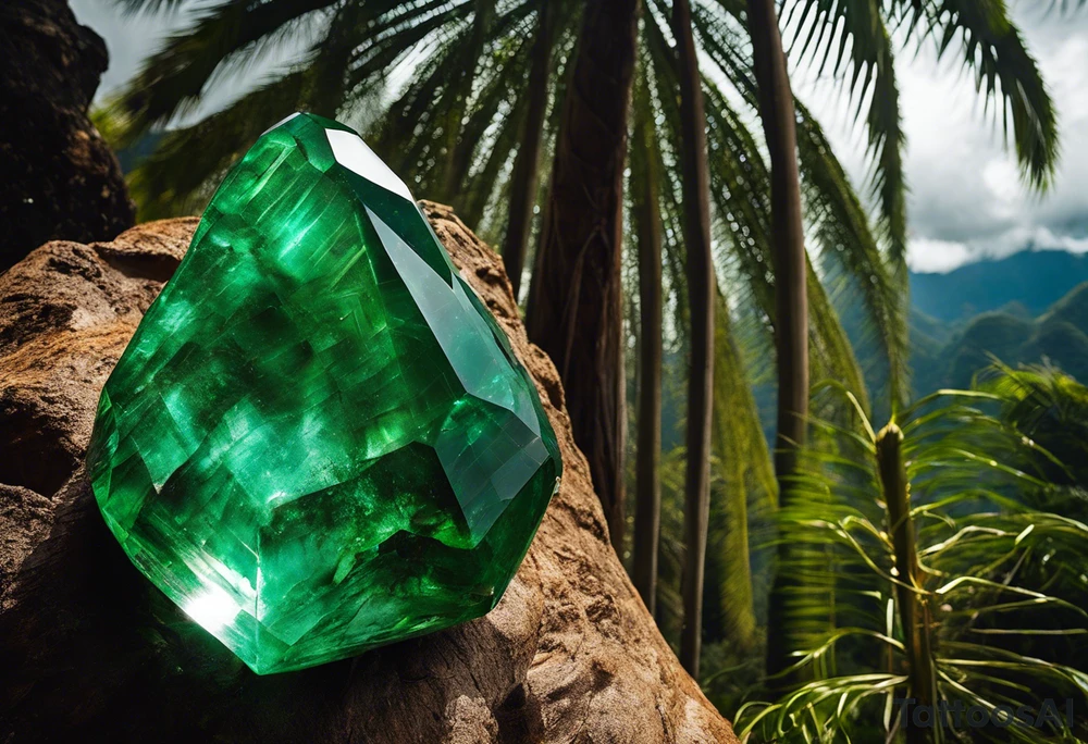 Tattoo: A striking Gachala emerald sits at the base of a tall quindio wax palm, which grows resiliently from cracks in rugged, rocky soil. The emerald is the main focal point, symbolizing strength and endurance, while the wax palm, rooted in the soil’s crevices, represents growth and resilience. A small water stream flows gently from the rocks, adding an element of life and nourishment tattoo idea