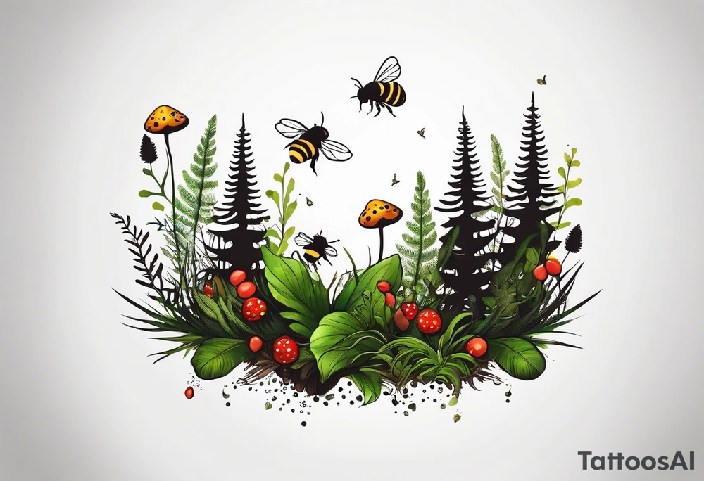 forest floor inspired minimalist tattoo, which includes grass, curly ferns, moss and dead leaves as the bulk of the tattoo. details to include: forest berries, a tiny bumblebee flying nearby, three small brown mushrooms
Generate a vertically long one tattoo idea