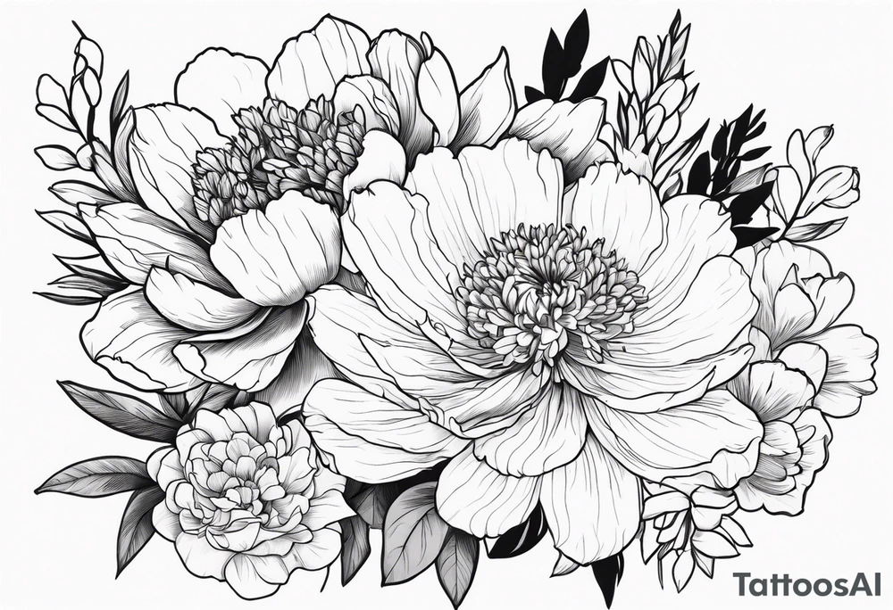 make me a black and white tattoo that has one of each following flowers peony, carnation, daffodil, daphne, dahlia, desiree, daisy and rose tattoo idea