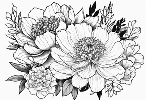 make me a black and white tattoo that has one of each following flowers peony, carnation, daffodil, daphne, dahlia, desiree, daisy and rose tattoo idea