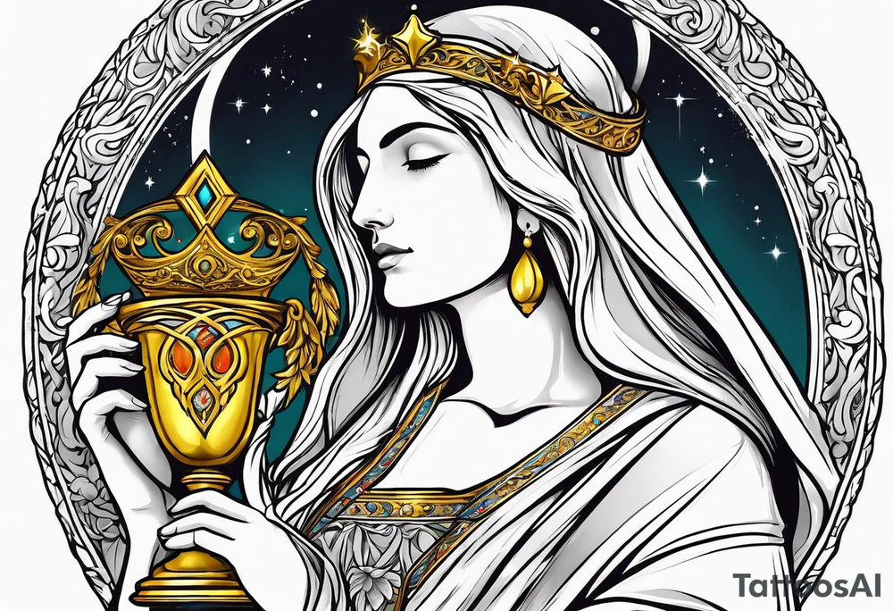 holy saint woman turned away with golden halo holding a chalice tattoo idea