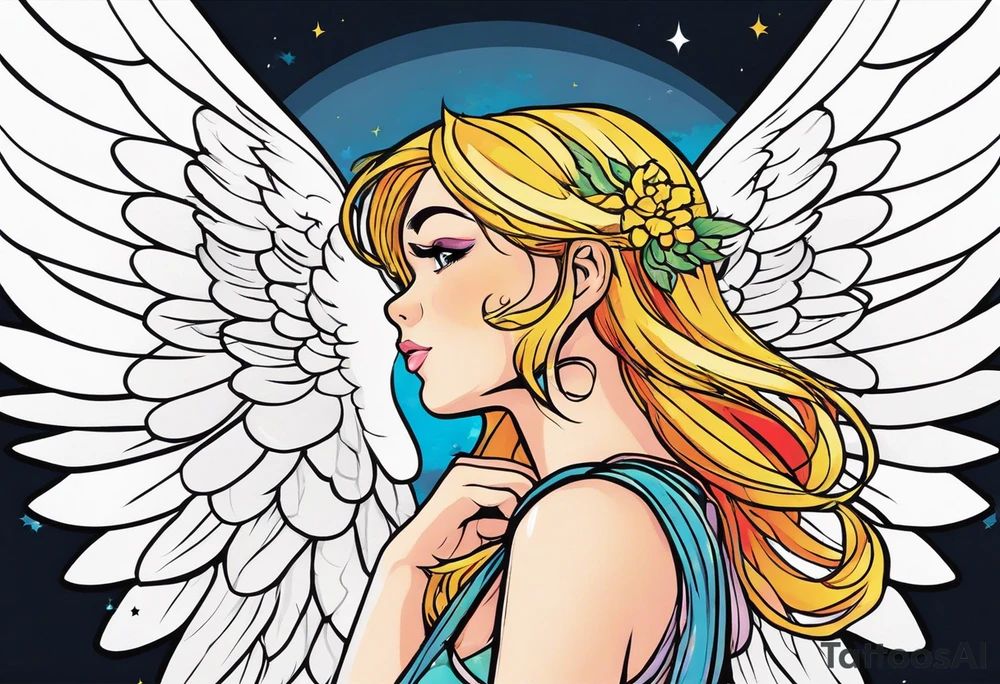 girl angel side profile, with wings, with floating halo, anime style tattoo idea