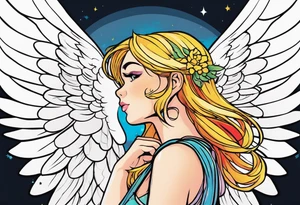 girl angel side profile, with wings, with floating halo, anime style tattoo idea