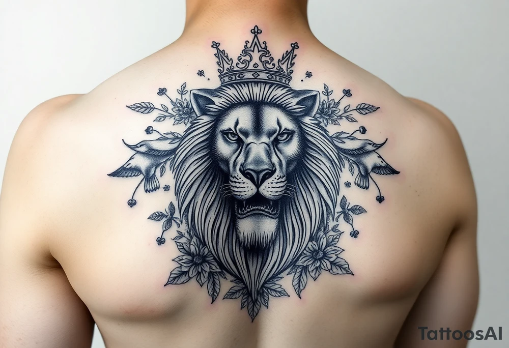 powerful majestic lion with a crown, surrounded by floral ornaments and birds tattoo idea
