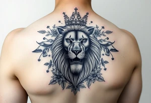 powerful majestic lion with a crown, surrounded by floral ornaments and birds tattoo idea