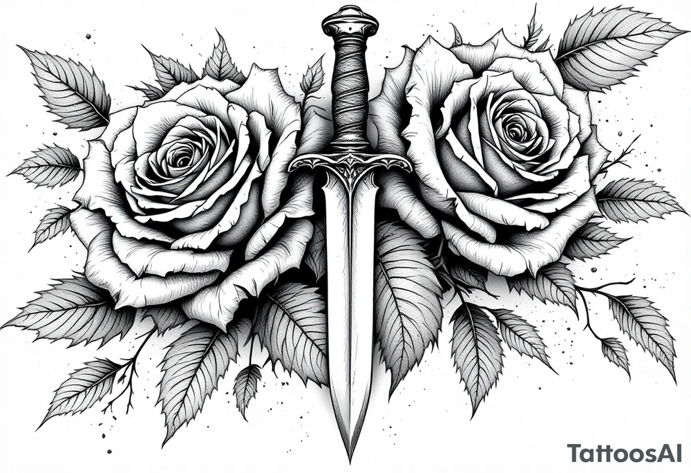 Roses with a dagger through tattoo idea