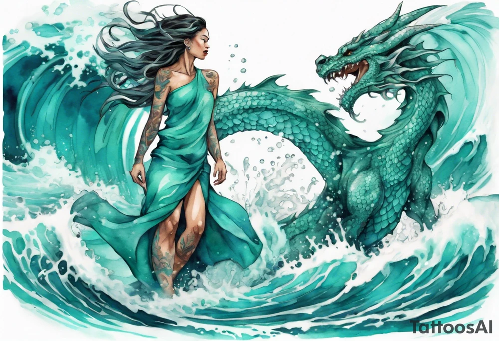 a beautiful turquoise dragon woman emerging from an ocean wave, crashing onto the shore tattoo idea