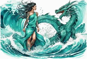 a beautiful turquoise dragon woman emerging from an ocean wave, crashing onto the shore tattoo idea