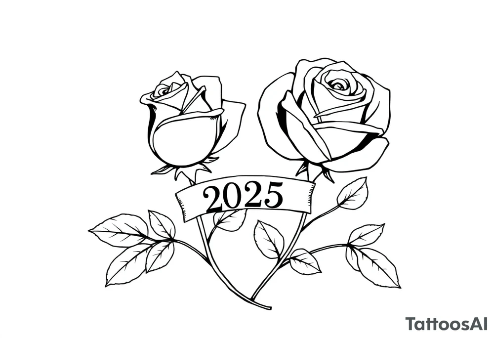 two beautiful large rose buds, one larger than the other, with many leaves next to the rose buds, with one sitting higher than the other. Include a banner connecting the two roses with the year 2025 on it.   Use dark outlines with little shading. The two stems should be short, not long, and connect and join into one stem, whimsically curved or twisted - not straight down. tattoo idea