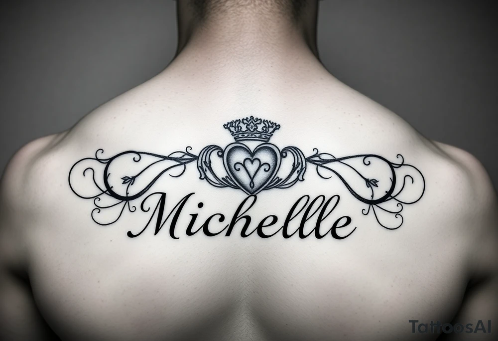 Create a tattoo on a man’s chest if a woman’s name. Claddagh and the name Michelle. tattoo idea