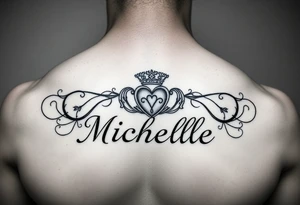 Create a tattoo on a man’s chest if a woman’s name. Claddagh and the name Michelle. tattoo idea
