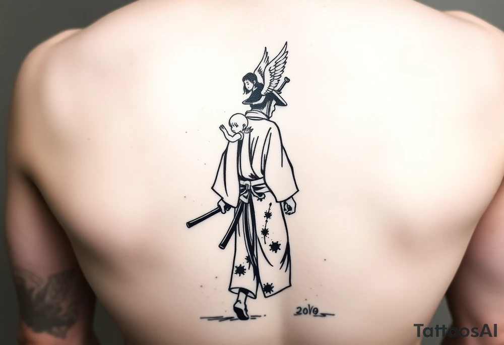 "Blackwork tattoo sketch of a lone samurai walking forward, shown in dramatic silhouette style. The samurai wears traditional kimono and hakama, holding a katana in one hand with the blade pointing downward. Behind him floats a small child angel with detailed feathered wings, gently touching the samurai’s back with one hand, as if stopping or guiding him. Strong contrast, dynamic ink splatter, rough brush strokes, Japanese sumi-e vibe, emotional and symbolic composition, high detail linework, no background." tattoo idea