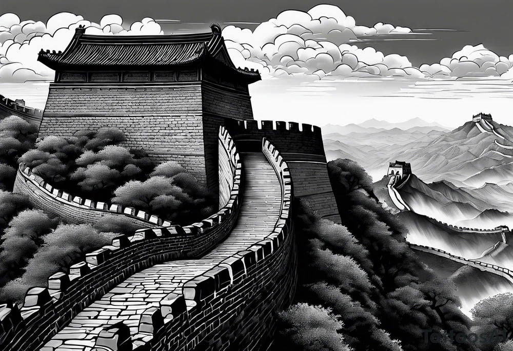 Great Chinese wall, realistic, art, gezeichnet, fine line, black and grey, man, details tattoo idea