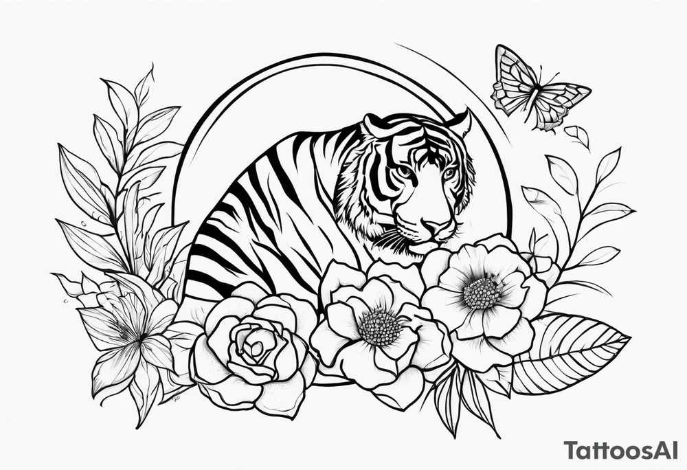 Com flores, tartaruga, tigre, sol, lua, borboletas tattoo idea