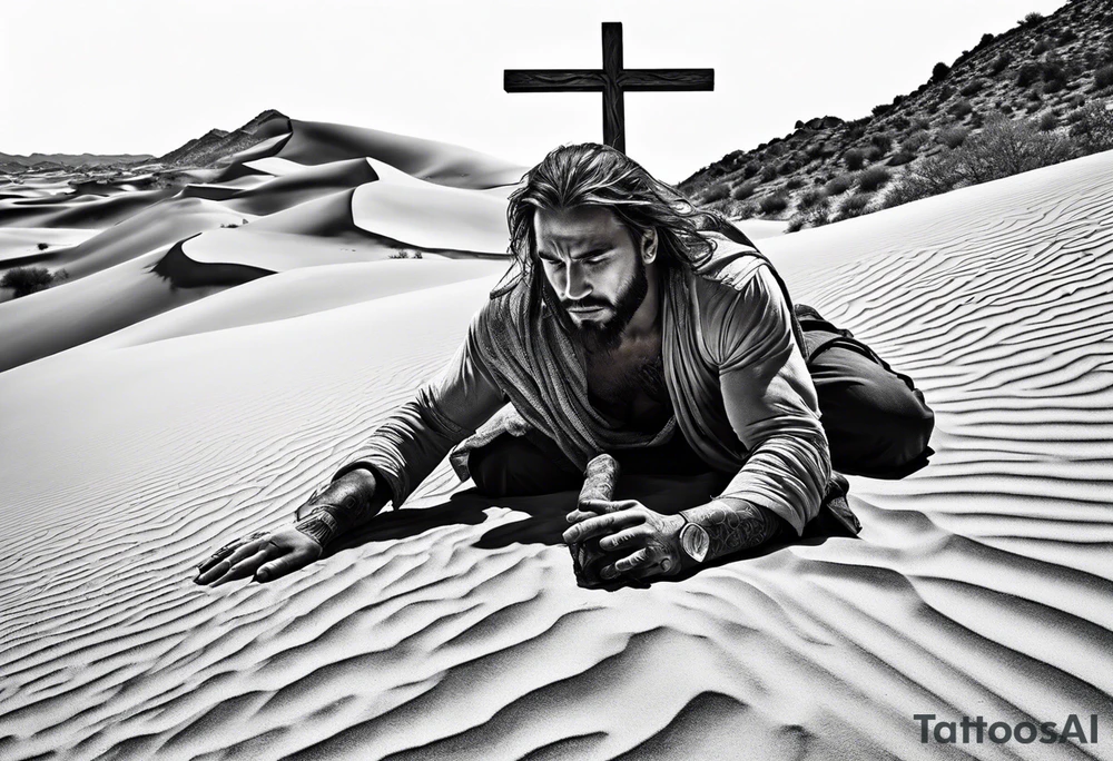 man crawling in a desert reaching to the cross of Christ tattoo idea
