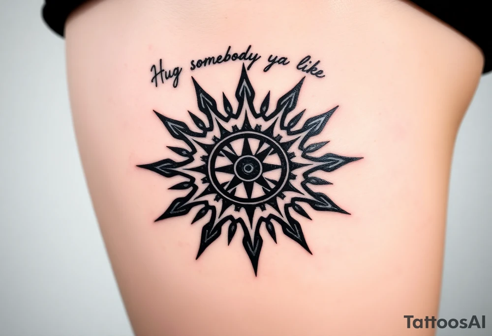 Sundial casting shadow with handwriting “Hug somebody ya like” above. tattoo idea
