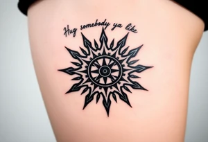Sundial casting shadow with handwriting “Hug somebody ya like” above. tattoo idea