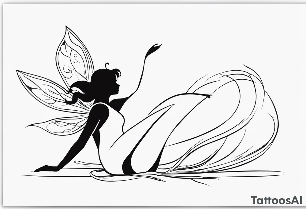 Minimalistic, monochromatic fairy with a tail flying to the left in a fetal position, leaning and looking in the same direction, with visible hands, embodying the 'Fairy Tail' logo aesthetic. tattoo idea