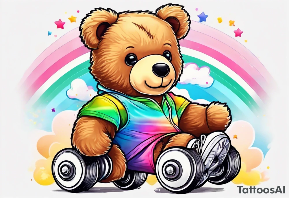 a teddy bear, wearing cute, pastel rainbow roller skates tattoo idea