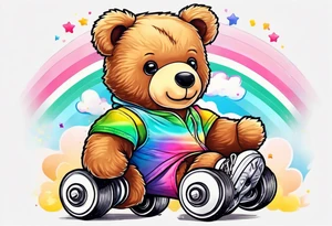 a teddy bear, wearing cute, pastel rainbow roller skates tattoo idea