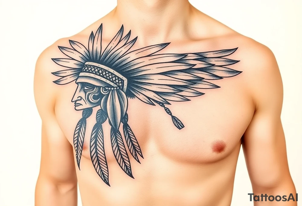 Native American chest color male left peck tattoo idea
