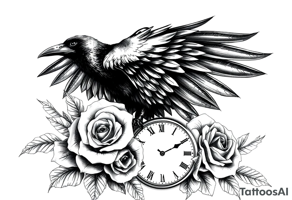 raven,roses,clock. tattoo idea