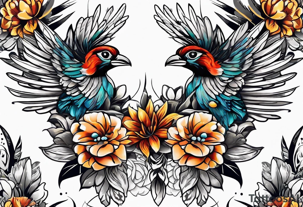 western pattern with flowers and feathers for hip tattoo idea