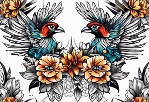 western pattern with flowers and feathers for hip tattoo idea