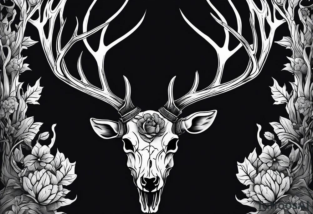 A SCARY side view of a decayed deer skull NO SKIN JUST BONE surrounded by a forest fire in background tattoo idea