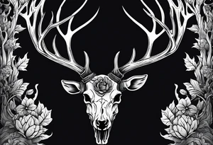 A SCARY side view of a decayed deer skull NO SKIN JUST BONE surrounded by a forest fire in background tattoo idea
