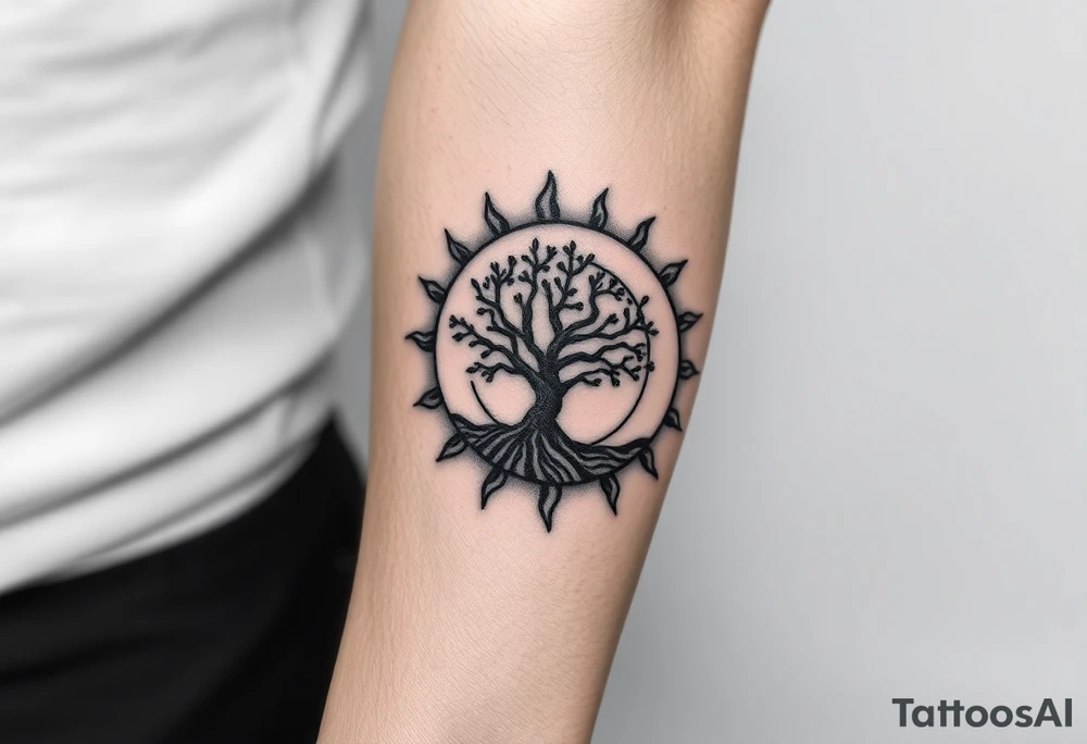 Tree inside of a spiral moving sun tattoo idea