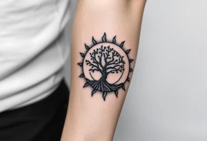 Tree inside of a spiral moving sun tattoo idea