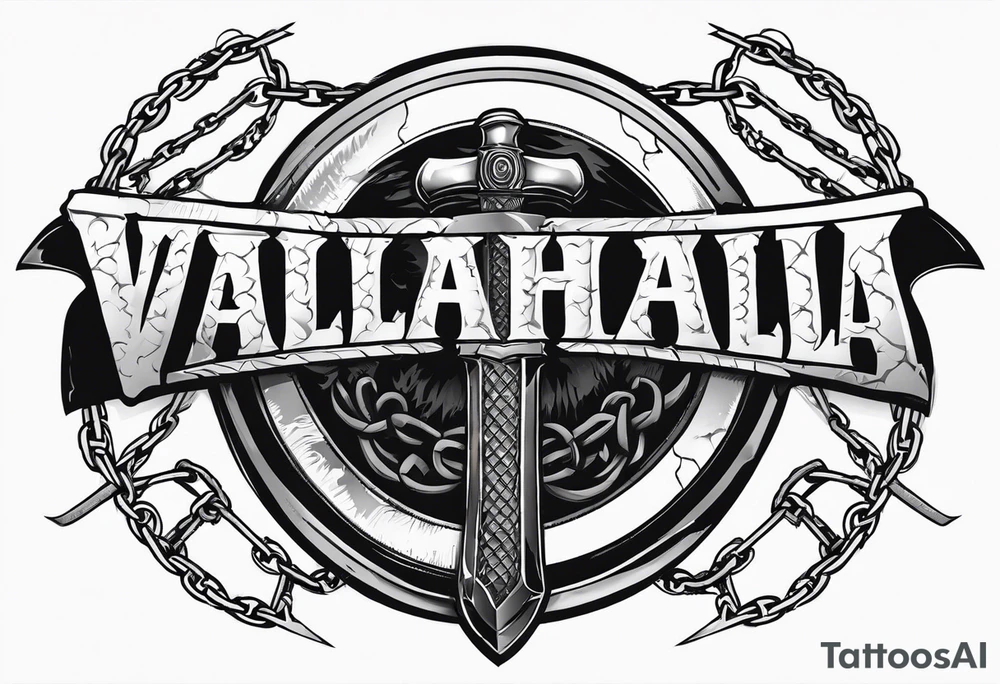 Valhalla round shield axe barbed wire chains tattoo idea