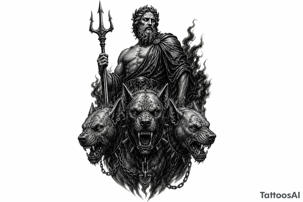 Hades with Cerberus in a dark, mythological style. tattoo idea