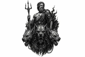 Hades with Cerberus in a dark, mythological style. tattoo idea
