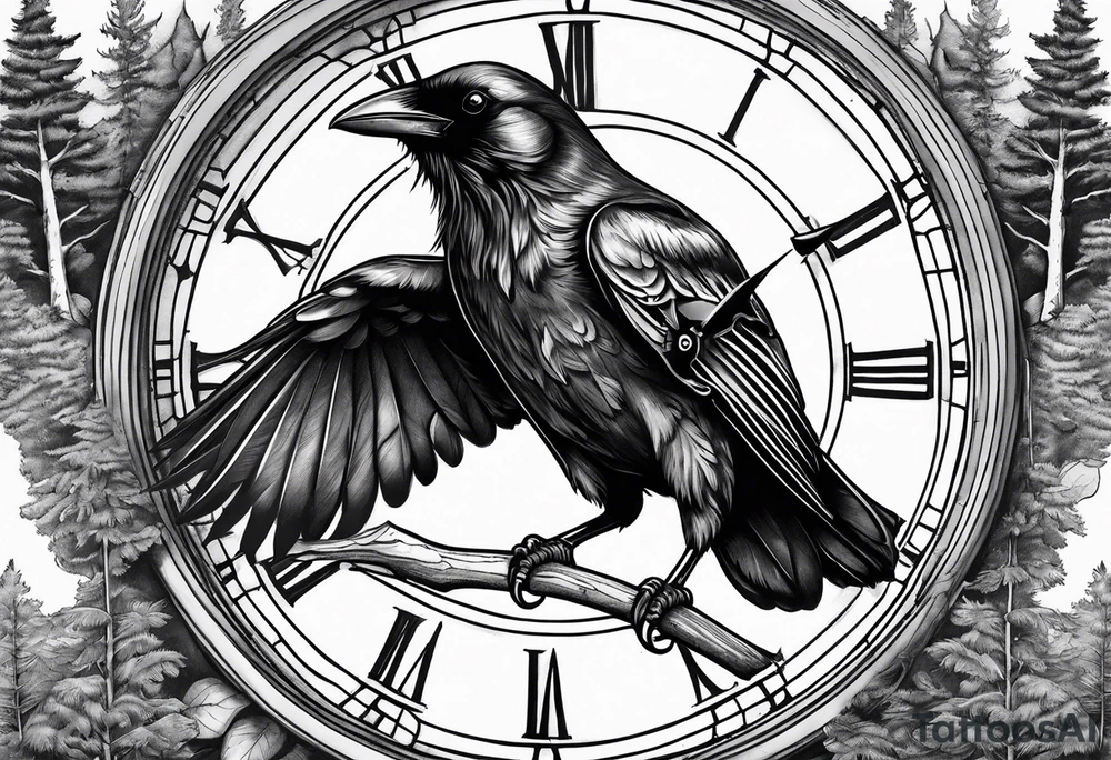 crow looking back twisted neck into forest inside a old clock tattoo idea crow looking back twisted neck into forest inside a old clock tattoo idea