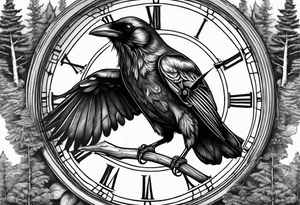 crow looking back twisted neck into forest inside a old clock tattoo idea