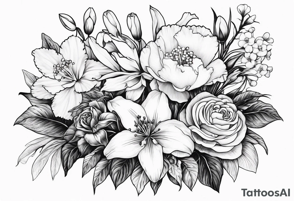 Bouquet
with 1 snowdrop 2 carnations 1 rose 1 lily of the valley 1 daffodil 1 peony tattoo idea