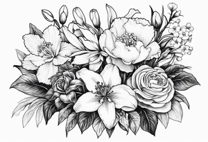 Bouquet 
with 1 snowdrop 2 carnations 1 rose 1 lily of the valley 1 daffodil 1 peony tattoo idea