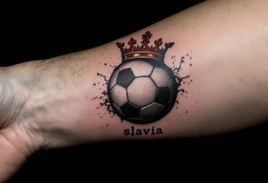 A black ball with a Slavia-red crown hovering above it like a king of the pitch and word "slavia" placed under it. tattoo idea