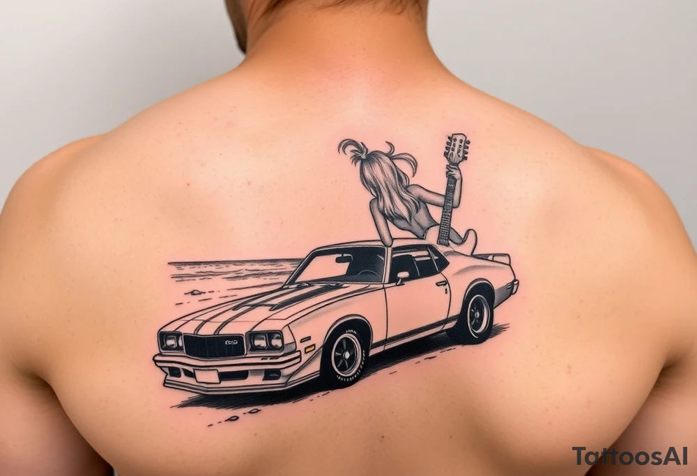 I want arm sleeve that starts with a beach with dale Earnhardt car on the beach with a hot blonde 80’s girl with big hair on the hood. Then an ocean with big waves then a big dark sky with the Milky Way in it and Jimi Hendrix Stratocaster in the sky tattoo idea