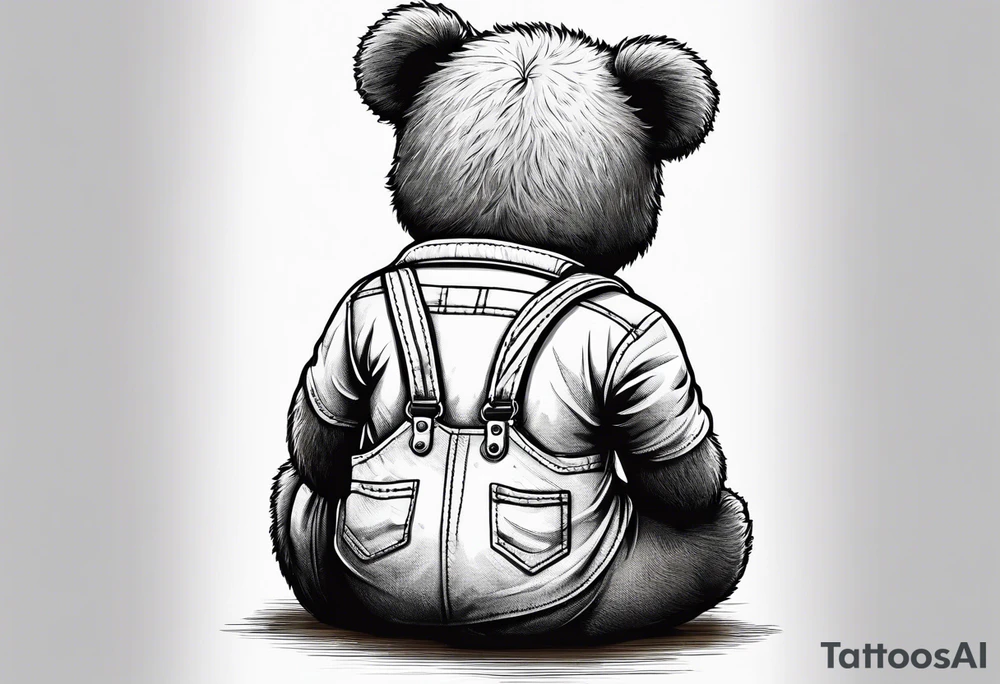 the back of a standing teddy bear in overalls tattoo idea